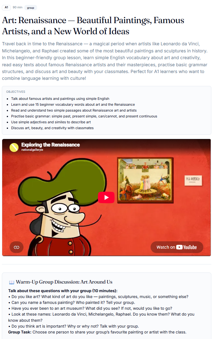 A lesson discussion answer scored 96 out of 100 with Czech feedback, corrections and a natural English rewrite
