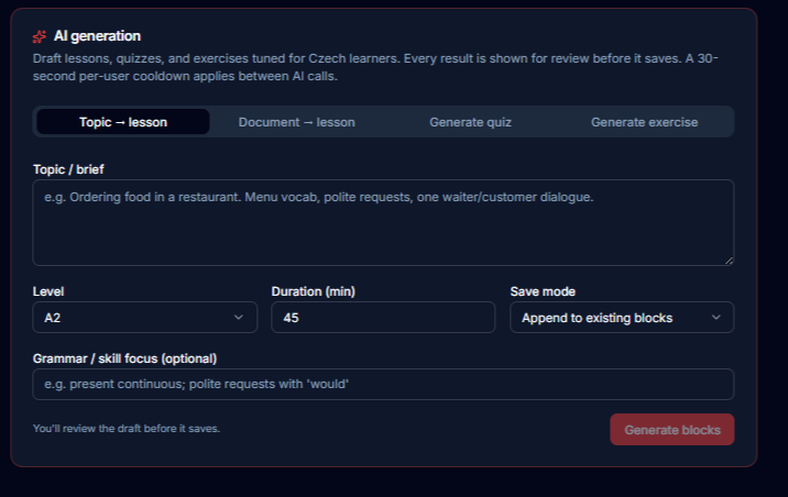 AI generation panel with topic to lesson, document to lesson, quiz and exercise options