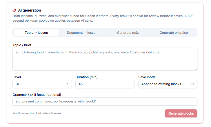 AI generation panel offering topic to lesson, document to lesson, generate quiz and generate exercise