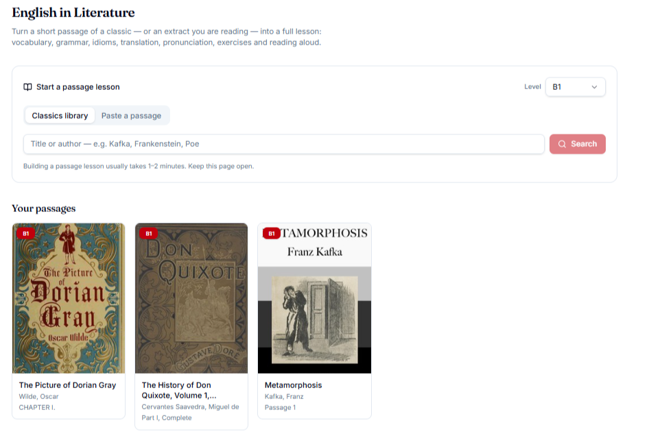A library of classic book passages including Dorian Gray, Don Quixote and Metamorphosis with level badges