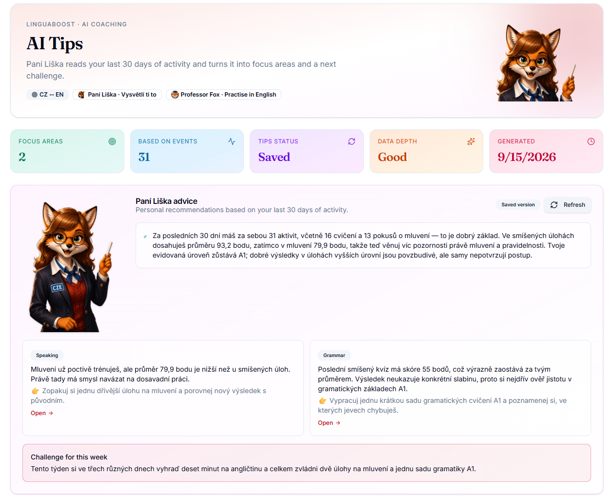 AI Tips screen showing focus areas, activity count and Czech coaching advice