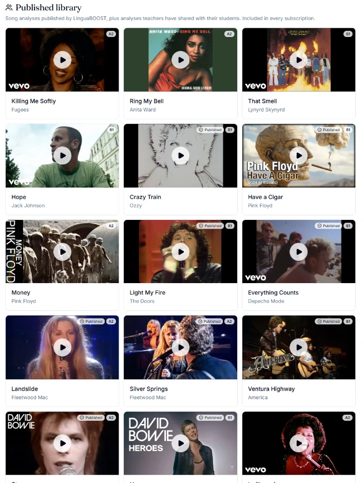 A library of song lessons shown as cards with video thumbnails and CEFR level badges