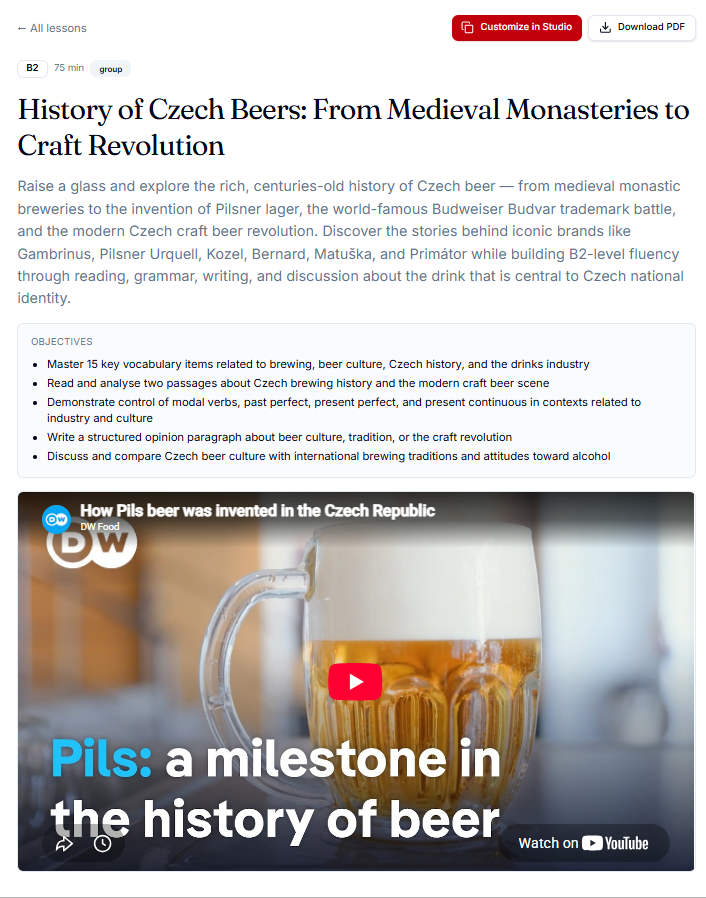A LinguaBOOST B2 lesson on the history of Czech beer with objectives and an embedded video