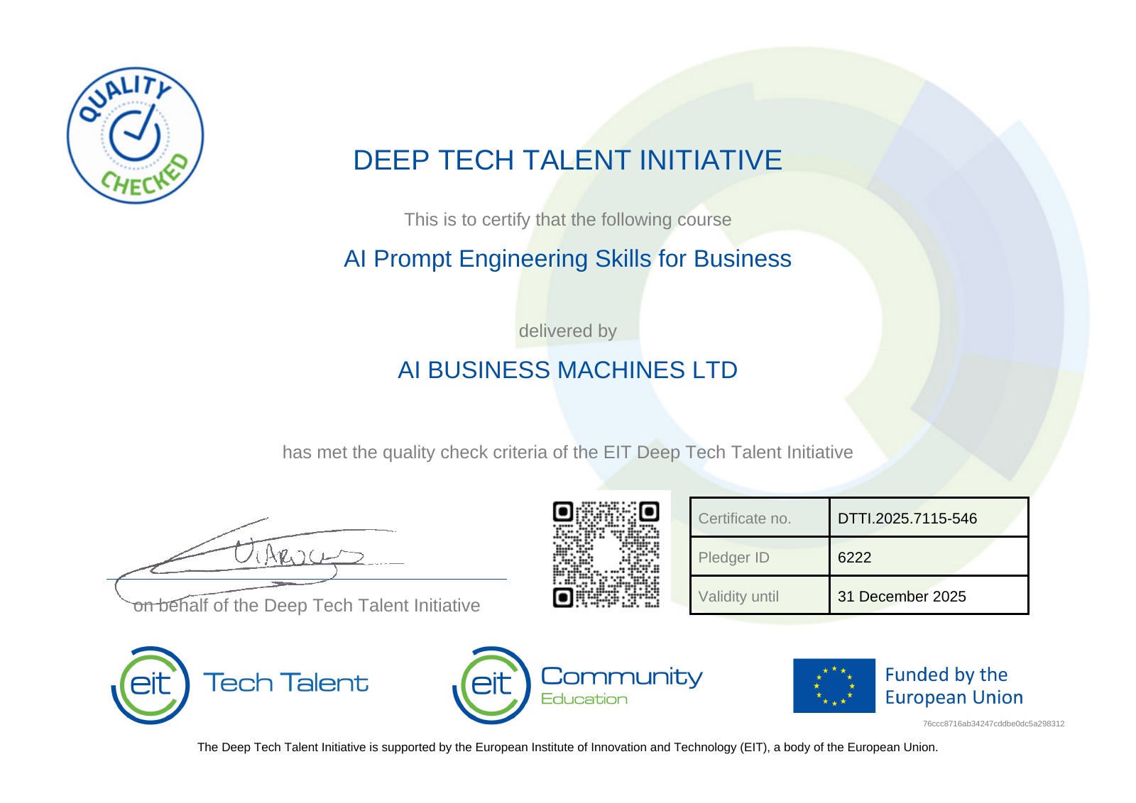Historical EIT Deep Tech Talent Initiative quality-check certificate for AI Prompt Engineering Skills for Business, valid until 31 December 2025