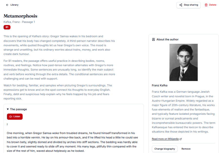 A Kafka passage lesson with a plain-English introduction, a listen button and an author biography card