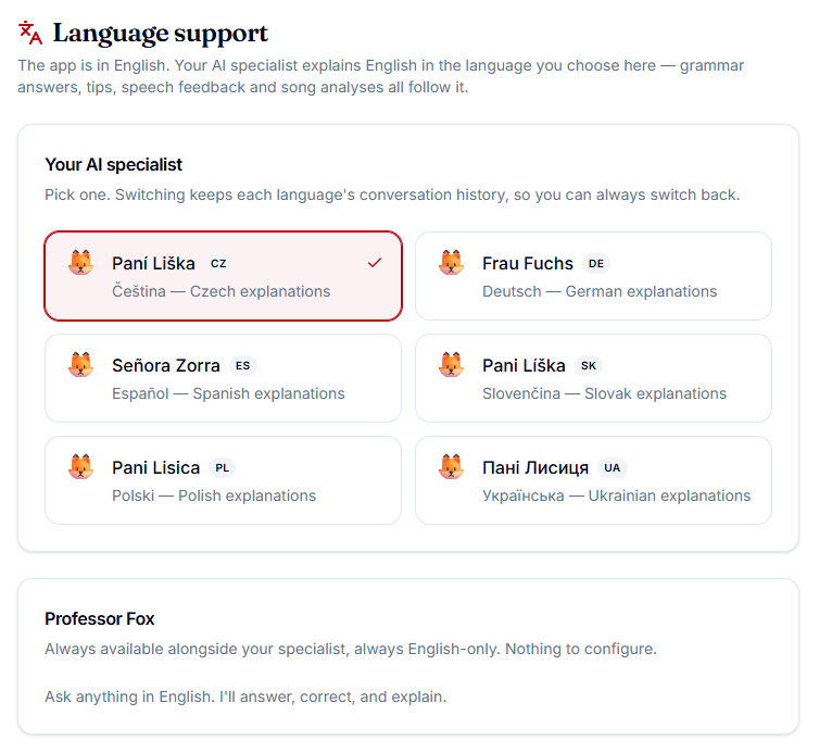 Language support picker with Czech, German, Spanish, Slovak, Polish and Ukrainian AI specialists