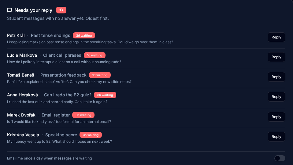 Teacher overview inbox listing learner messages that need a reply (demo names)