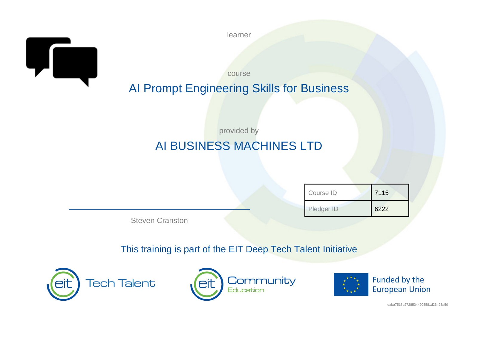 Steven Cranston's individual course document for AI Prompt Engineering Skills for Business