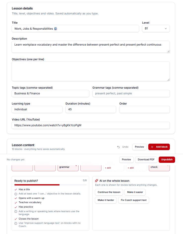 LinguaBOOST lesson builder showing the seven lesson stages, a readiness checklist and per-block AI actions