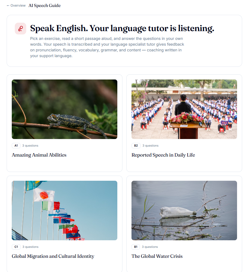 Speaking exercises shown as photo cards with CEFR levels and question counts