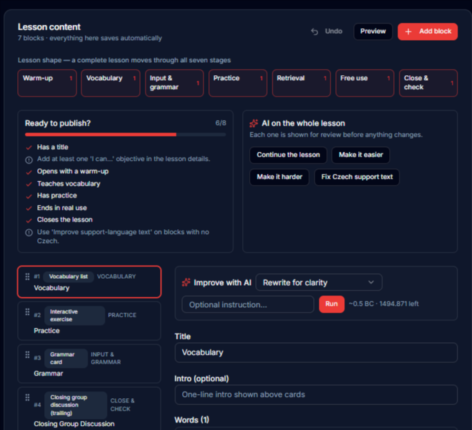 Lesson builder showing seven lesson stages, a readiness checklist and per-block AI actions