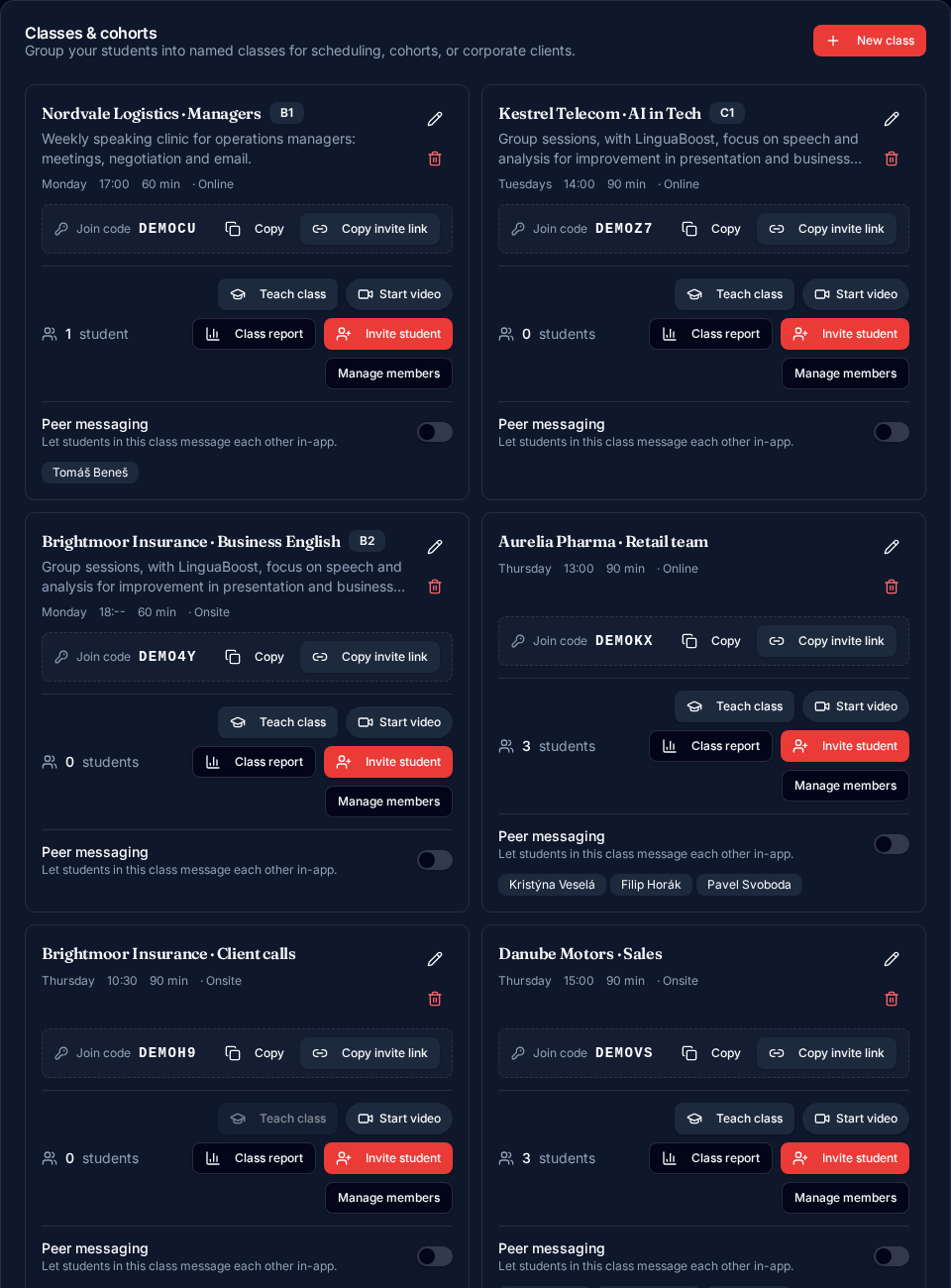 Classes page with named company cohorts, schedules, join codes, rosters and class reports (demo names)
