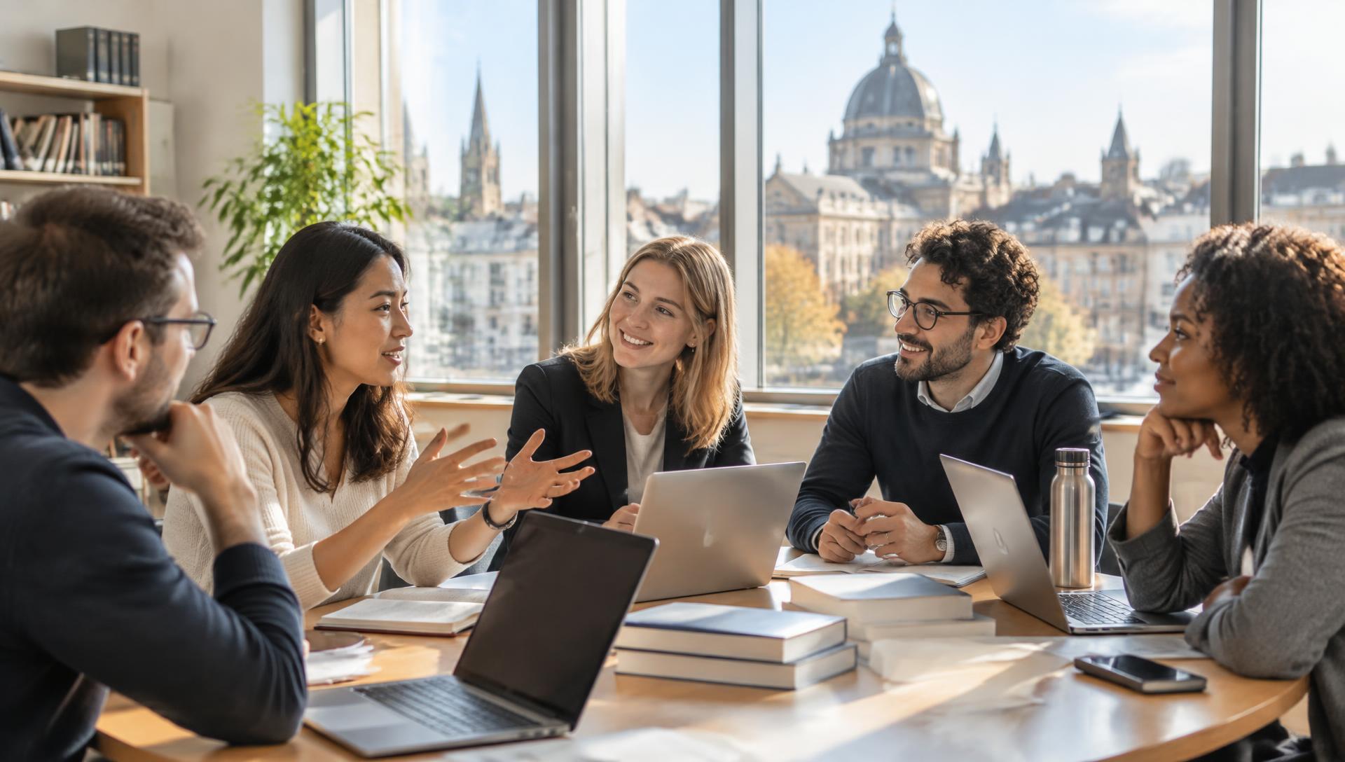 Adult professionals learning together in a bright European seminar room