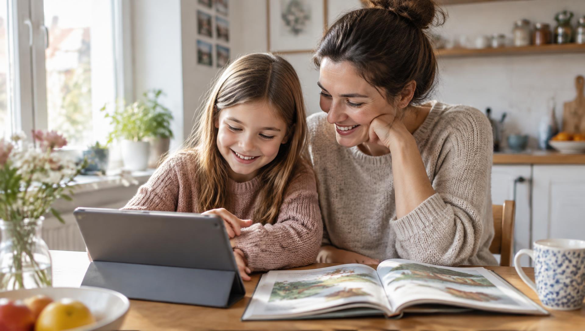 A parent and child learning English together at a kitchen table