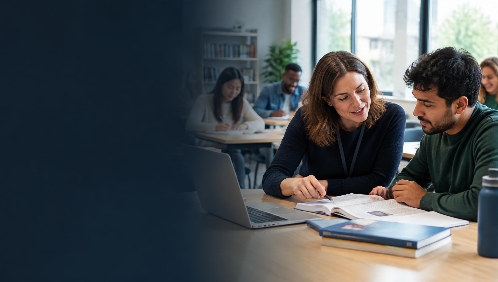 An English teacher helping an adult learner understand a text in class